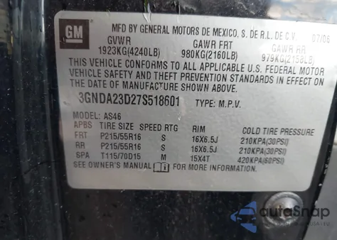 2007 Chevrolet Hhr Lt z USA, uszkodzony, nr VIN 3GNDA23D27S518601